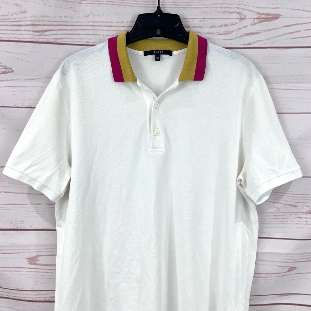 Gucci Cotton Piquet Striped Collar Short Sleeve Embroidered White Polo Shirt